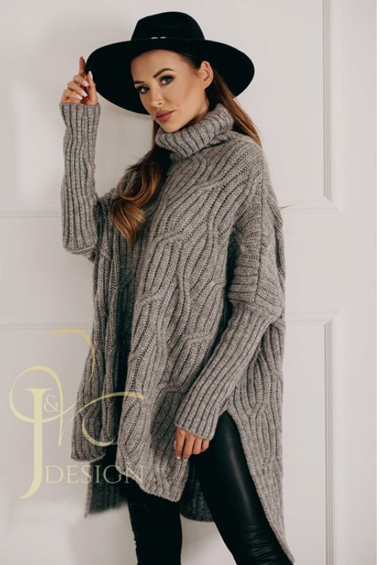 Fashionweek Luxusné pončo sveter, vlnený pletený kabát s teplým rolákom RITA