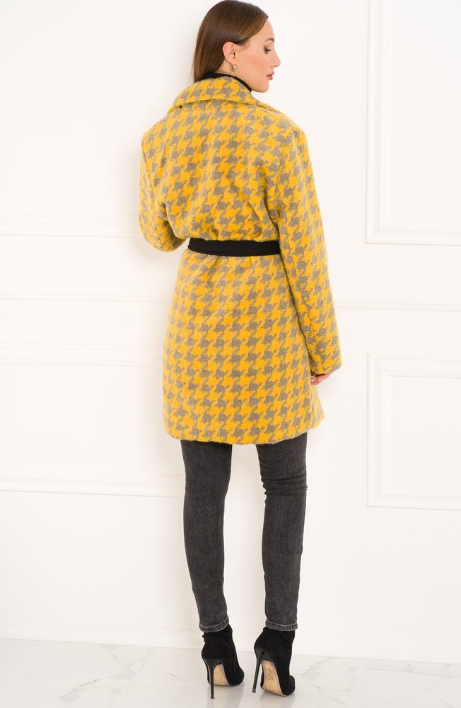 Glamorous by Glam Dámsky kabát žlto-sivý vzorovaný s opaskom