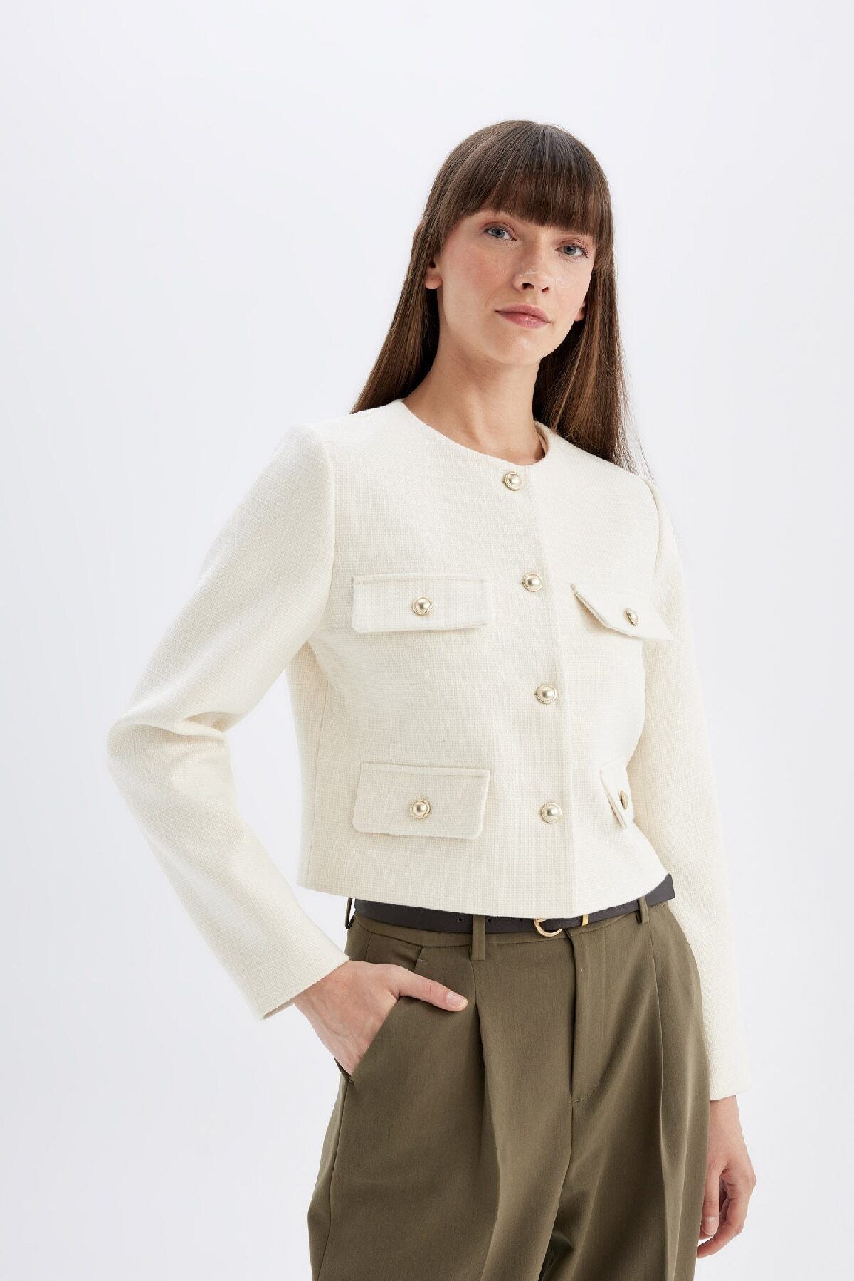 DEFACTO Crop Crew Neck Button-Down Blazer Jacket