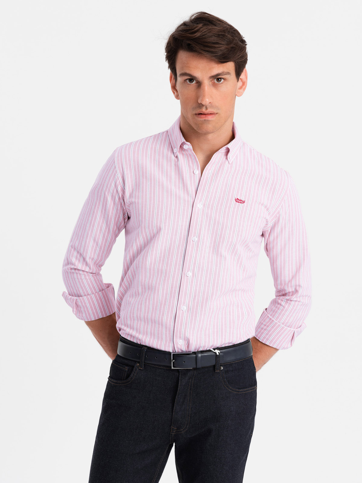 Ombre Men's cotton REGULAR FIT shirt with fine stripes - pink