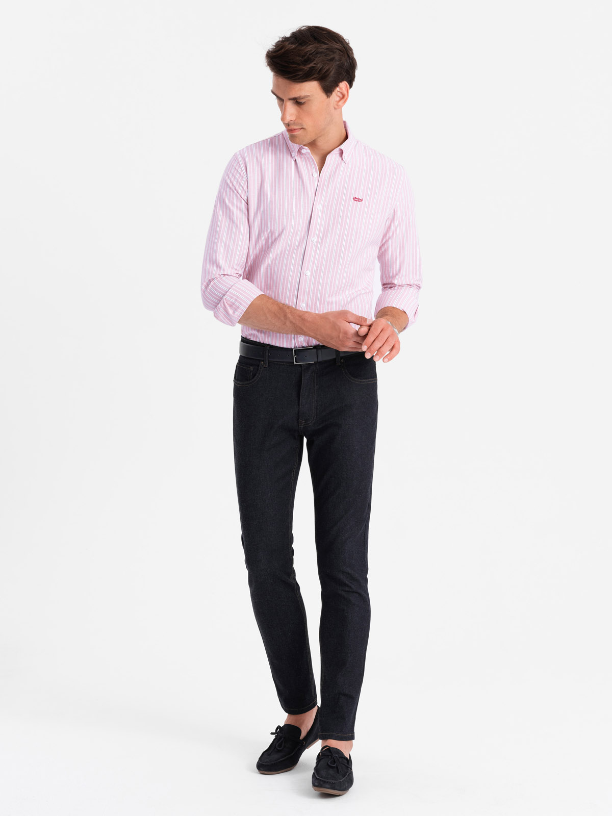 Ombre Men's cotton REGULAR FIT shirt with fine stripes - pink