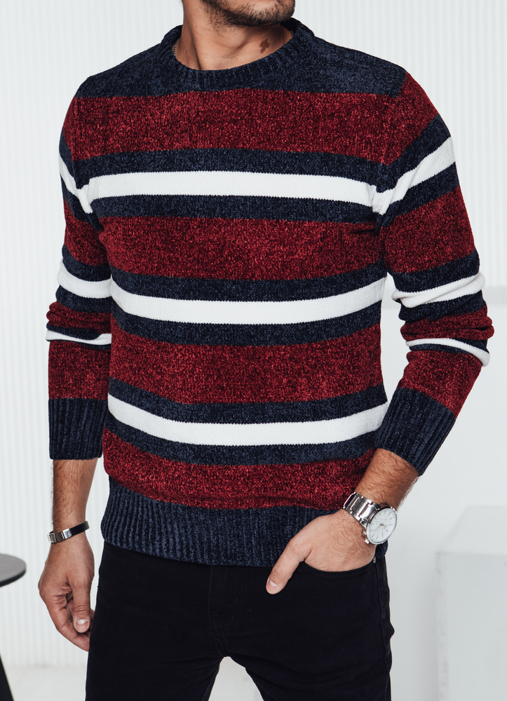 BASIC Vínový pánsky pruhovaný sveter WX2264