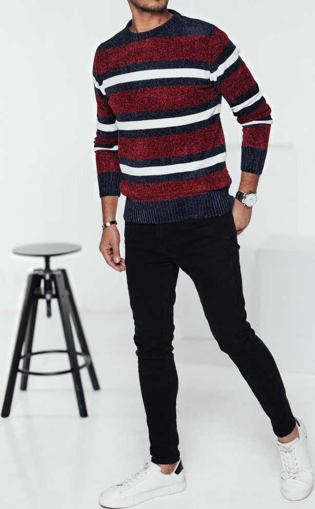 BASIC Vínový pánsky pruhovaný sveter WX2264