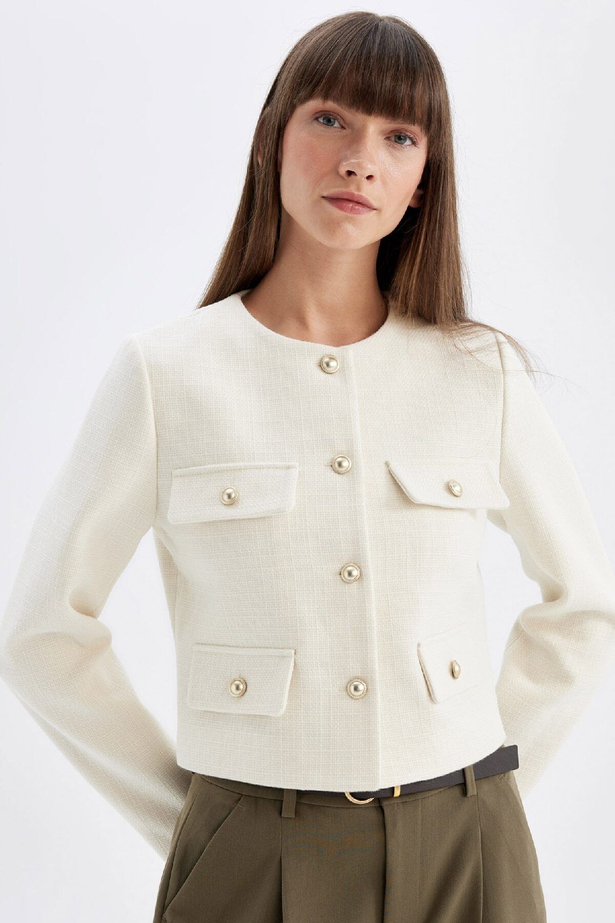 DEFACTO Crop Crew Neck Button-Down Blazer Jacket