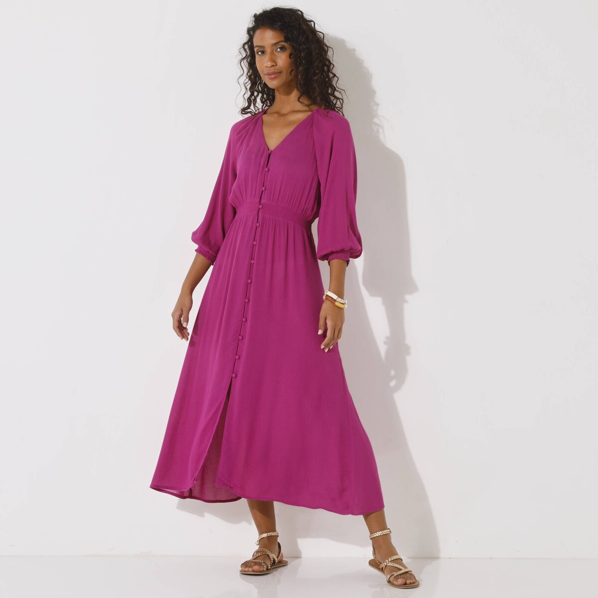 Jednofarebné dlhé krepónové šaty s gombíkmi purpurová 042 Blancheporte