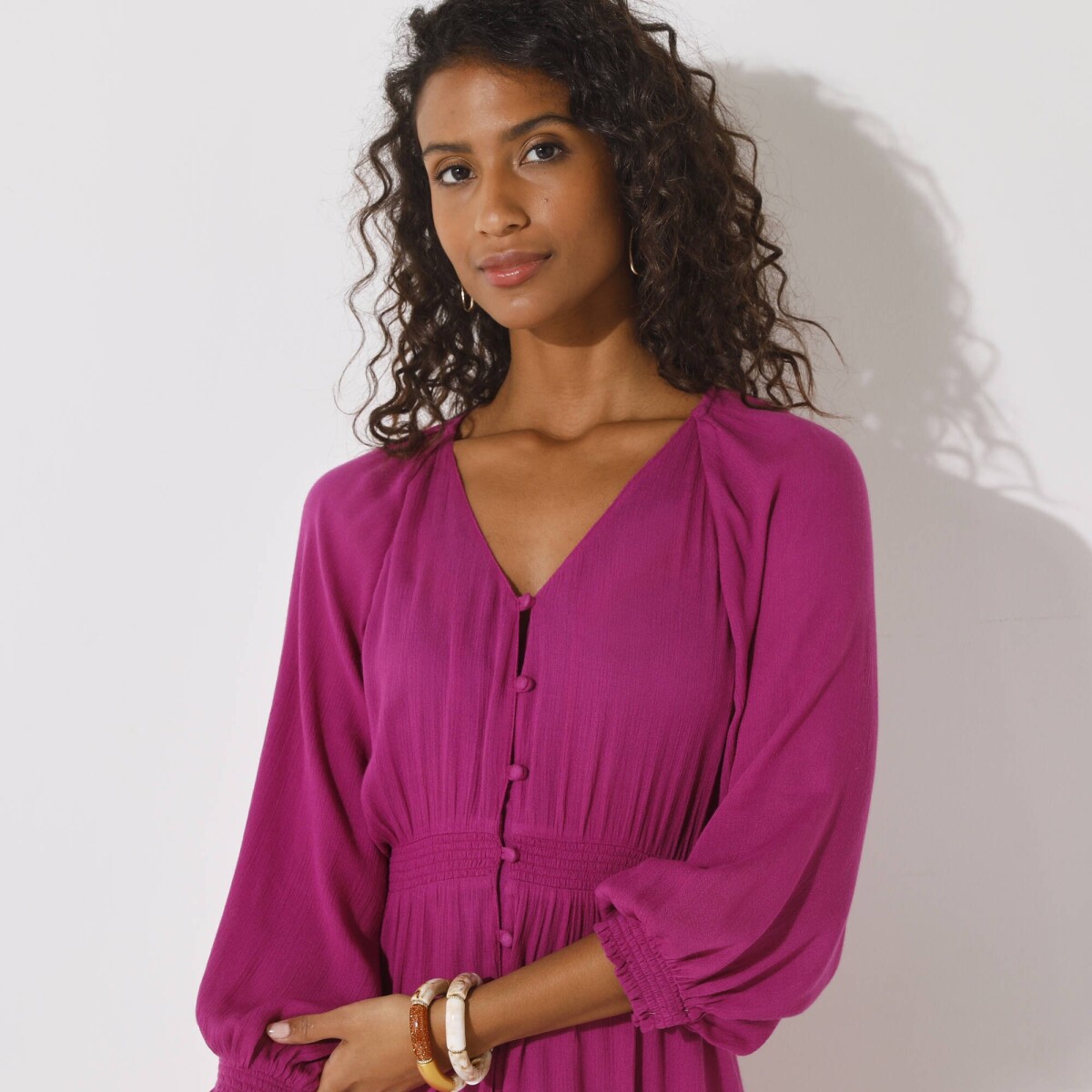 Jednofarebné dlhé krepónové šaty s gombíkmi purpurová 042 Blancheporte