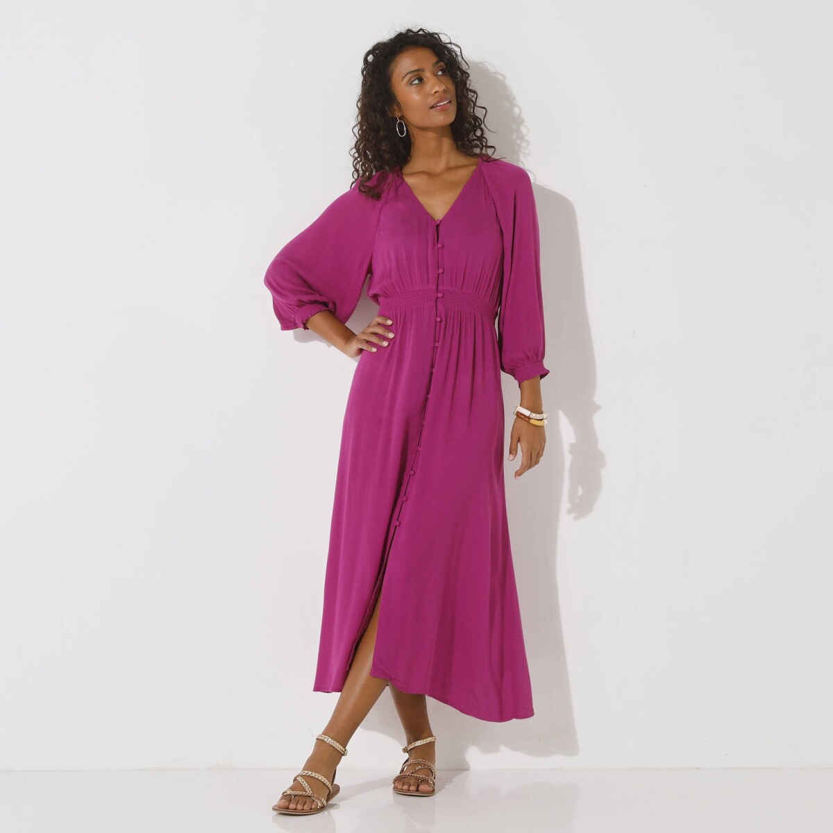 Jednofarebné dlhé krepónové šaty s gombíkmi purpurová 042 Blancheporte