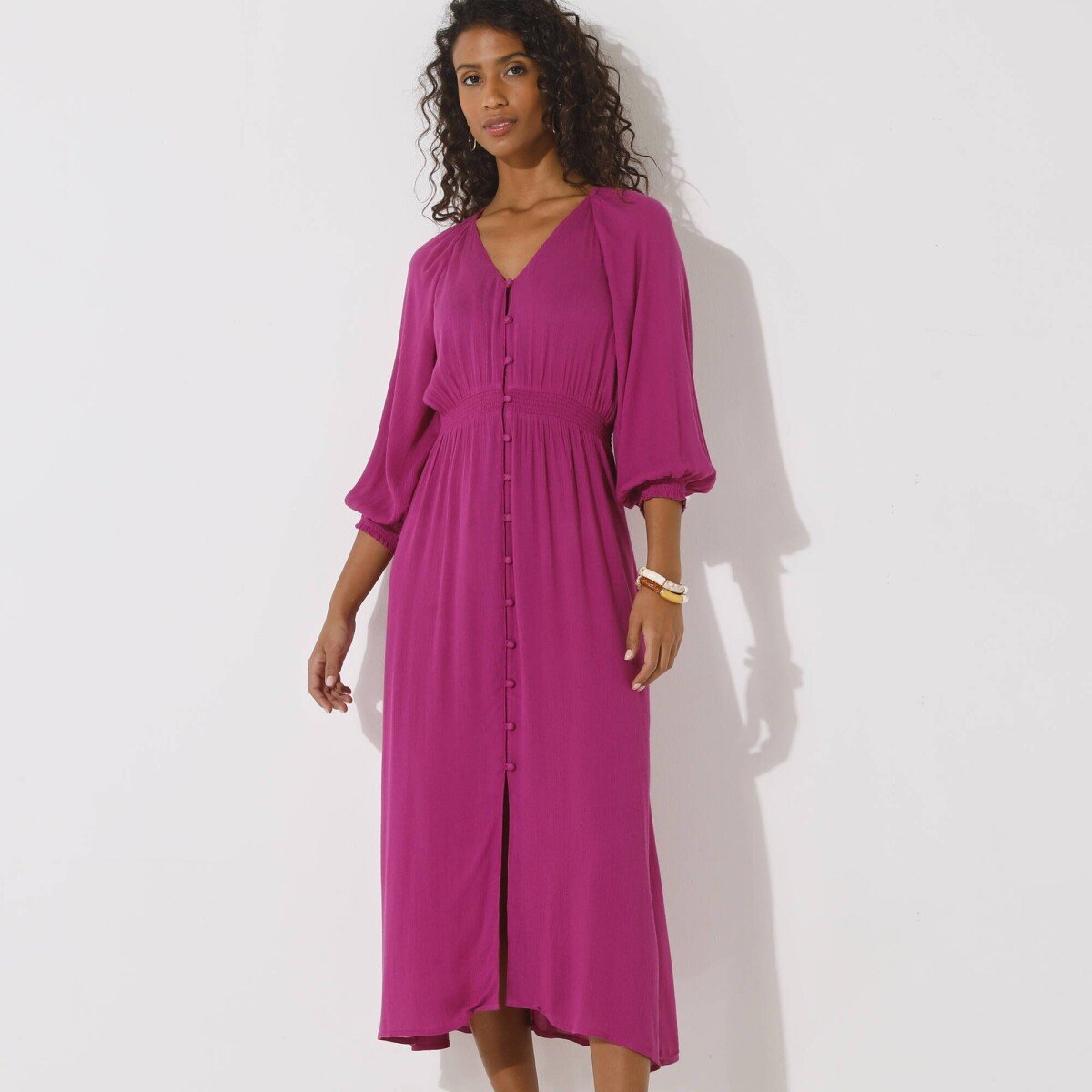 Jednofarebné dlhé krepónové šaty s gombíkmi purpurová 042 Blancheporte