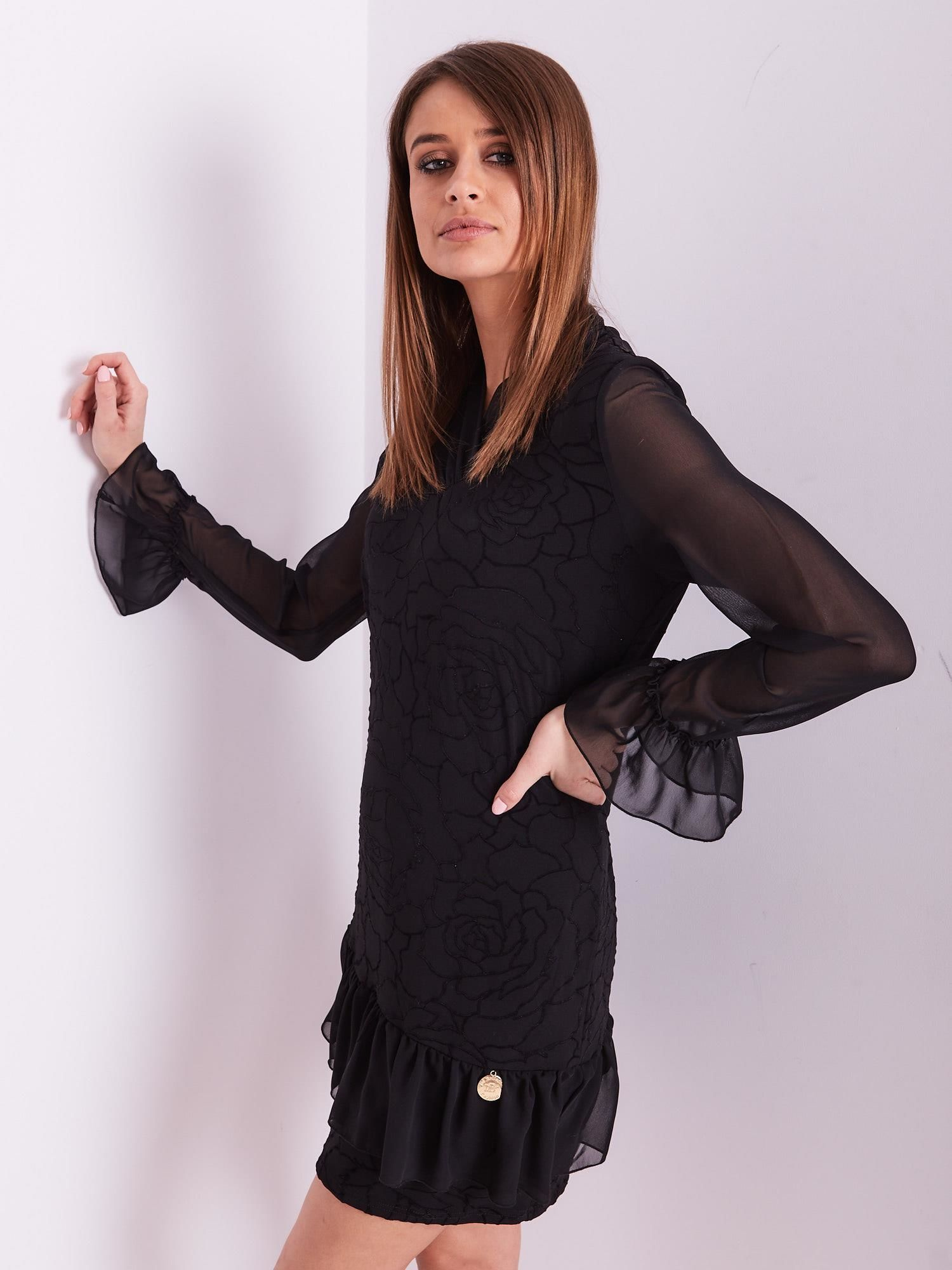 BASIC Čierne dámske šaty so vzorom a volánikmi EM-SK-5001.99-black