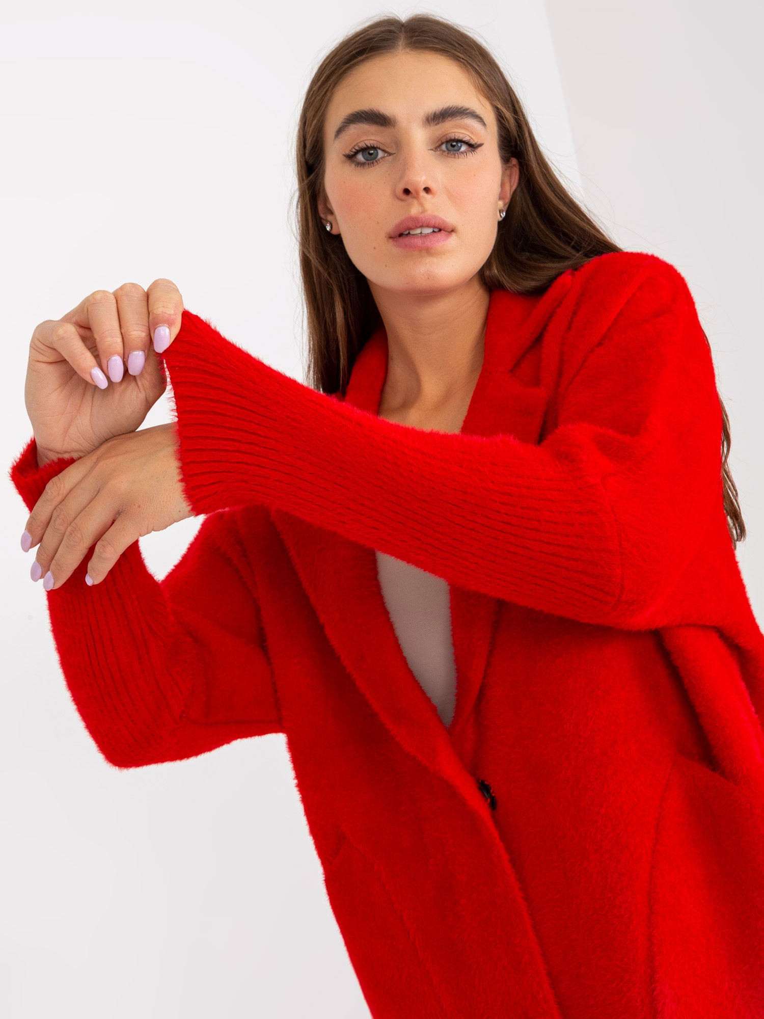 BASIC Červený teddy coat Eveline s vreckami -MBM-PL-1521.97P-red