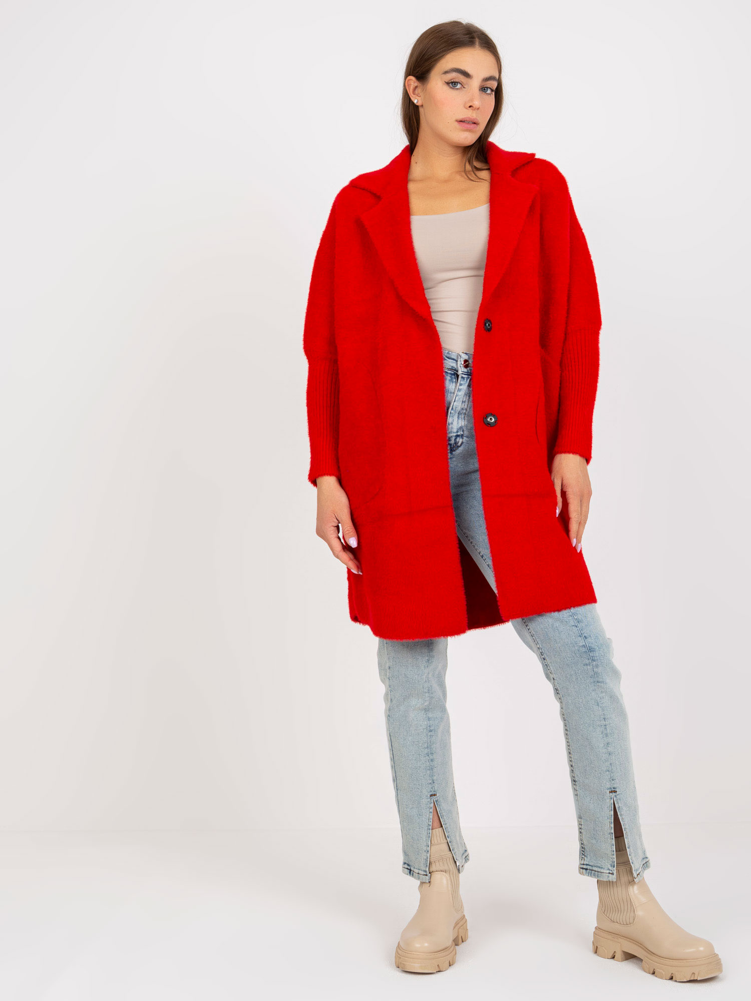 BASIC Červený teddy coat Eveline s vreckami -MBM-PL-1521.97P-red