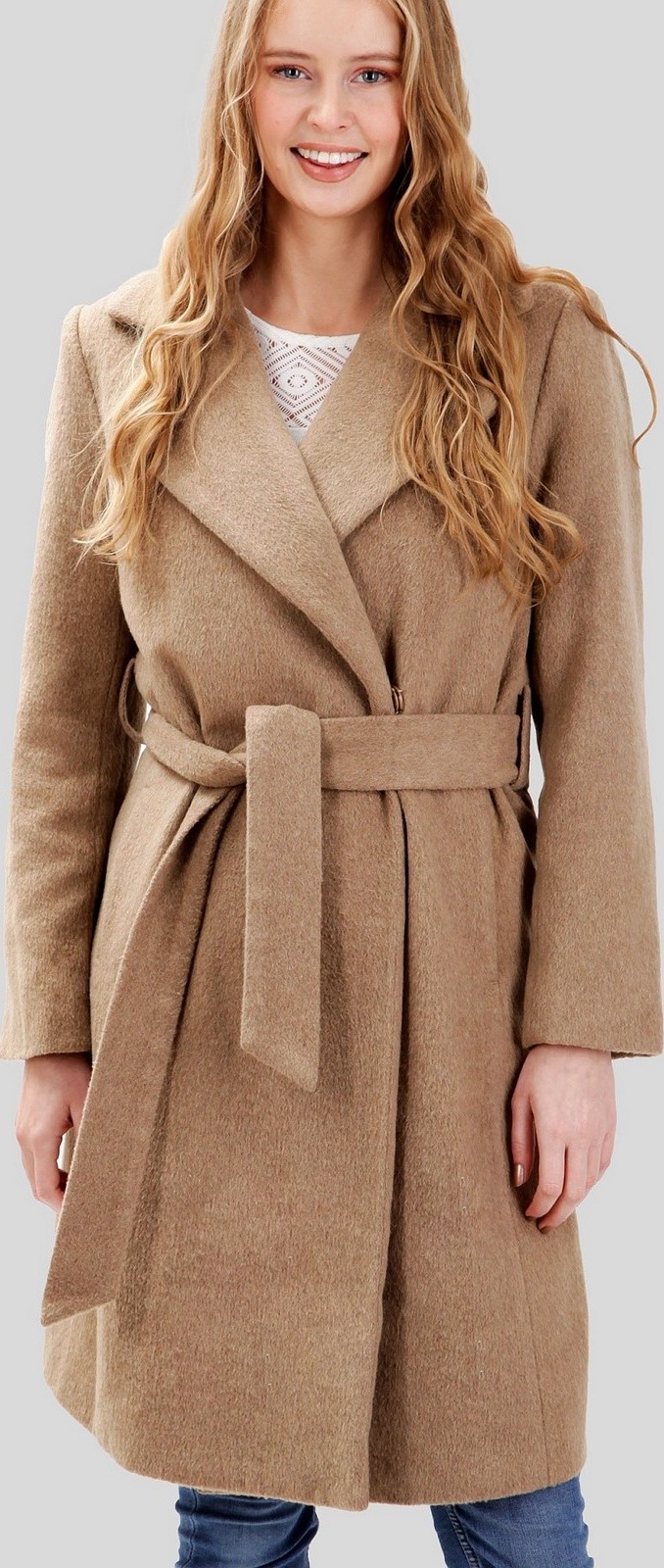 Perso Klasický dlhý béžový dámsky kabát MAH 201003 F - Beige