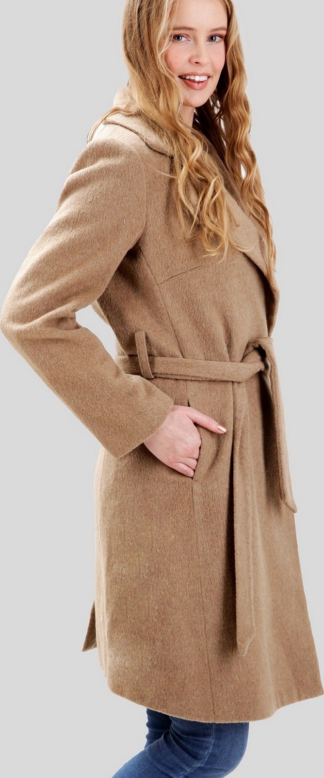 Perso Klasický dlhý béžový dámsky kabát MAH 201003 F - Beige