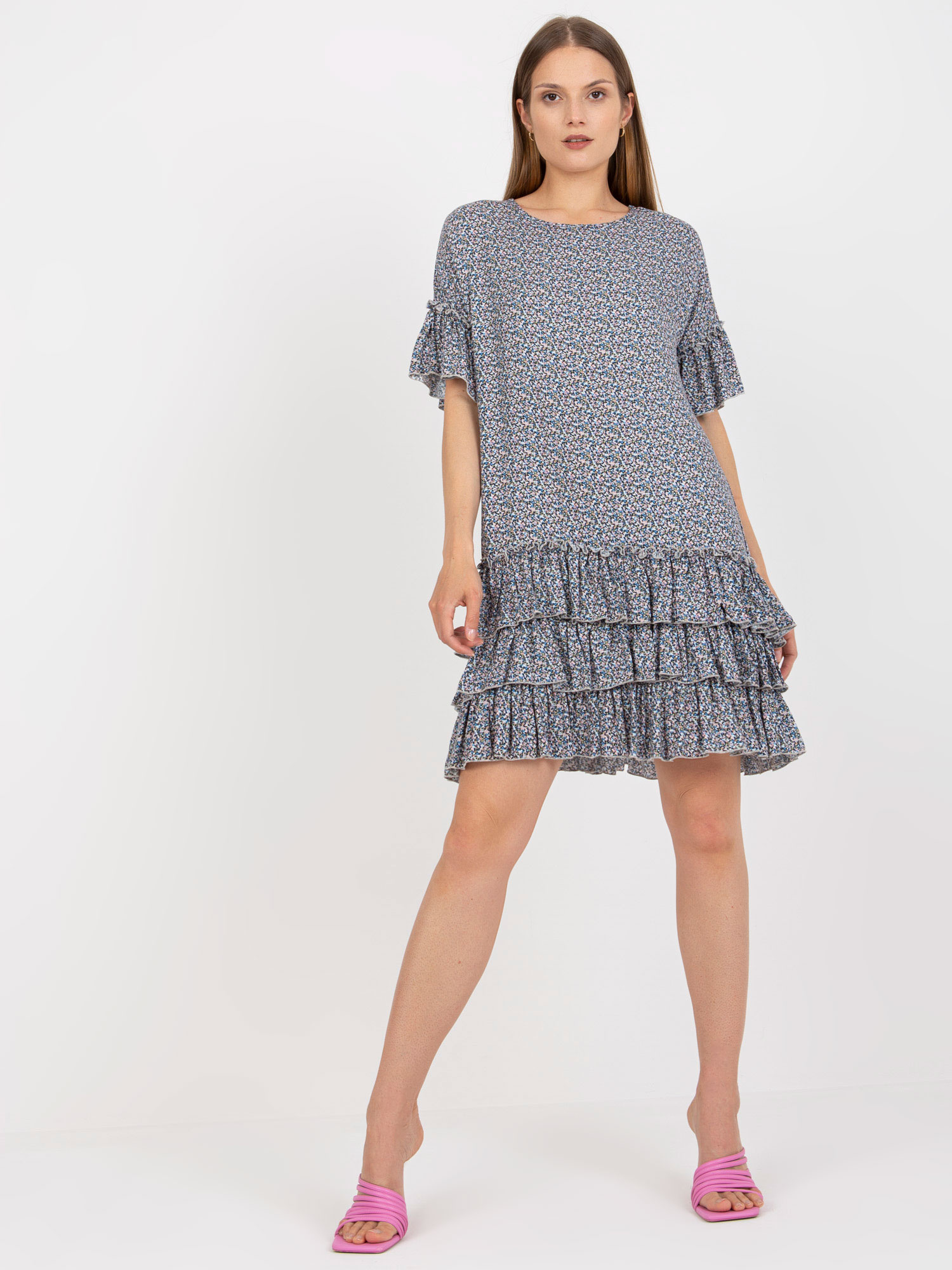 BASIC Modré vzorované volánové šaty CHA-SK-1420.19-blue