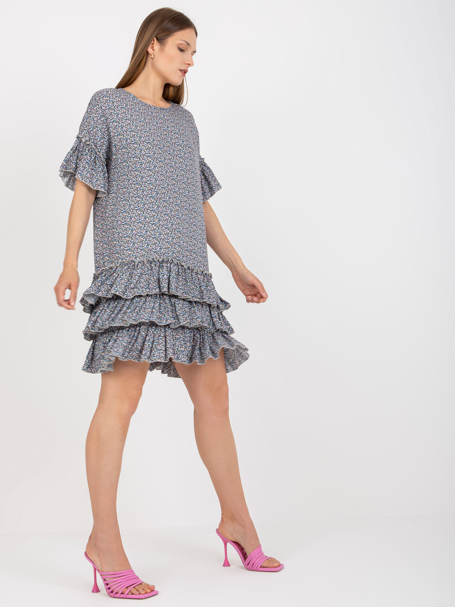 BASIC Modré vzorované volánové šaty CHA-SK-1420.19-blue