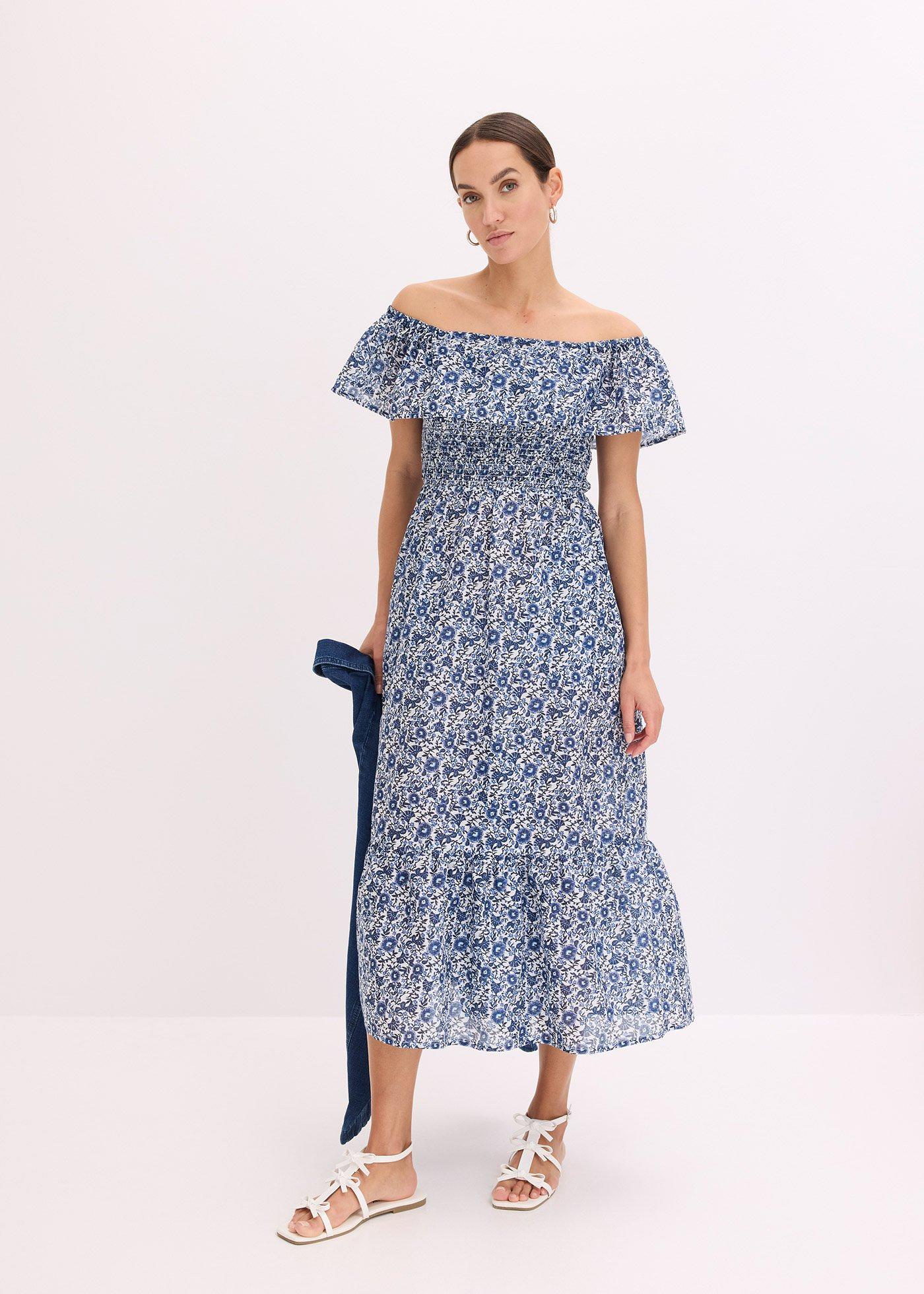 bonprix Midi šaty, Boho, s výstrihom Carmen, z ľahkej bavlny, farba modrá