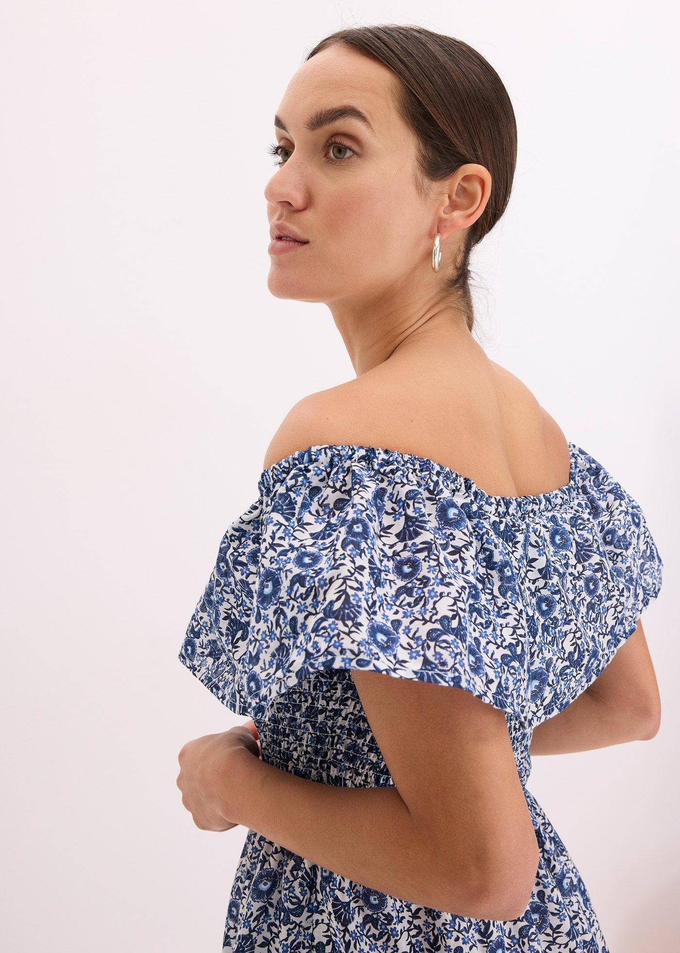 bonprix Midi šaty, Boho, s výstrihom Carmen, z ľahkej bavlny, farba modrá