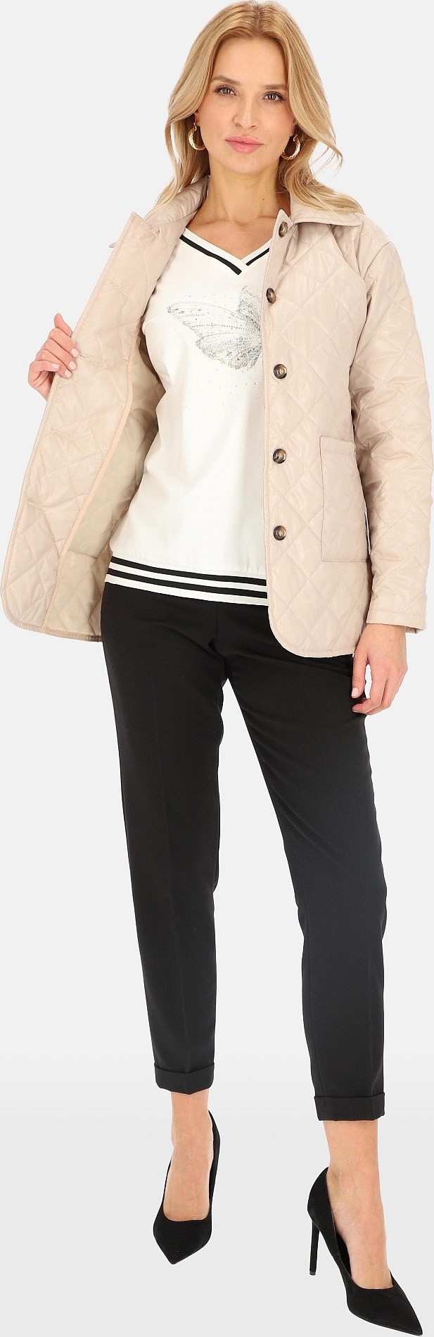 Perso Světle béžová dámská jarní prošívaná bunda BLE 241025 F - Beige