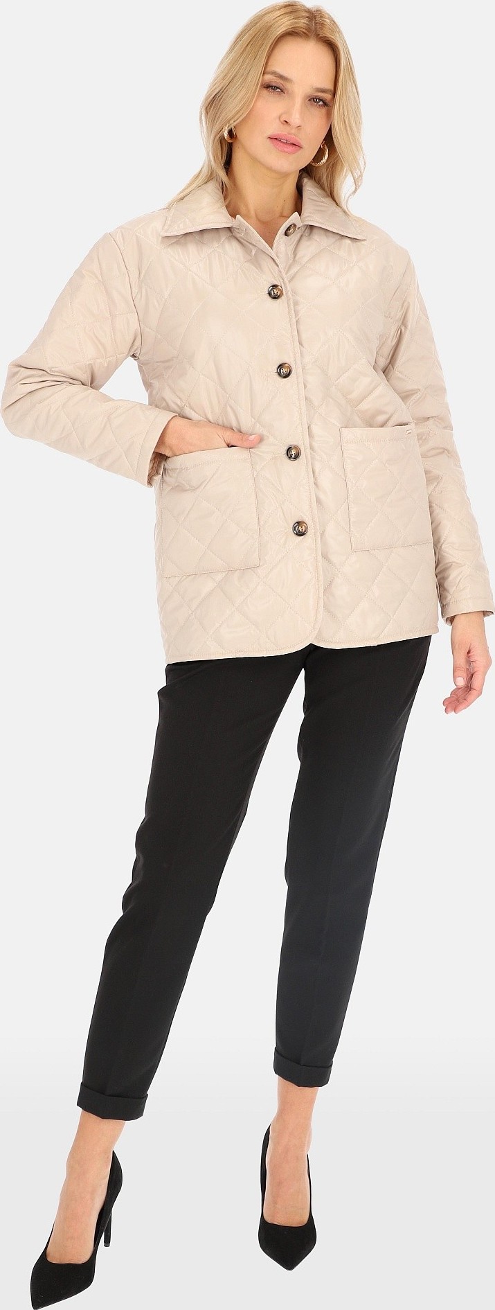 Perso Světle béžová dámská jarní prošívaná bunda BLE 241025 F - Beige