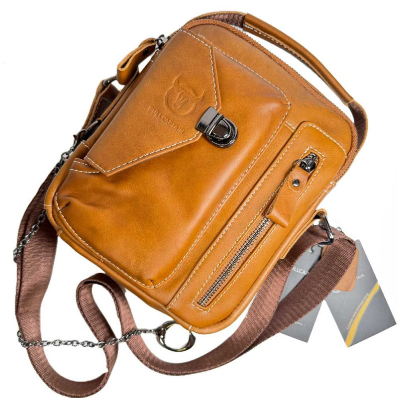 Bullcaptain pánska kožená taška s retiazkou Miltiade Khaki