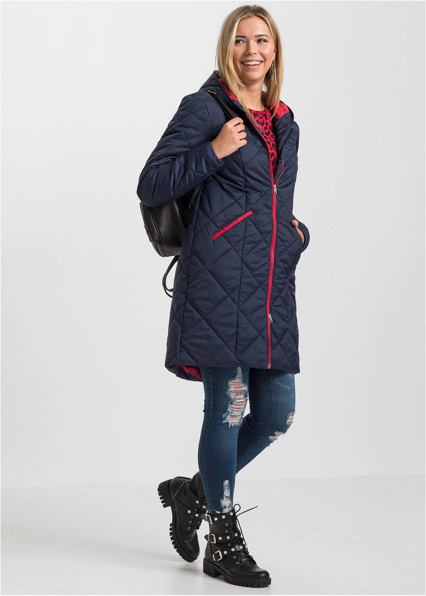 bonprix Prešívaný kabát s kapucňou, dvojfarebný, farba modrá