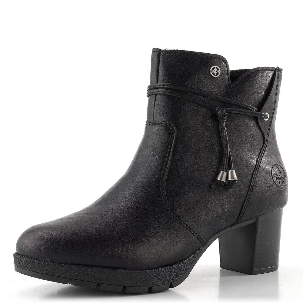 Rieker elegantná členková obuv na podpätku čierna 77667-00