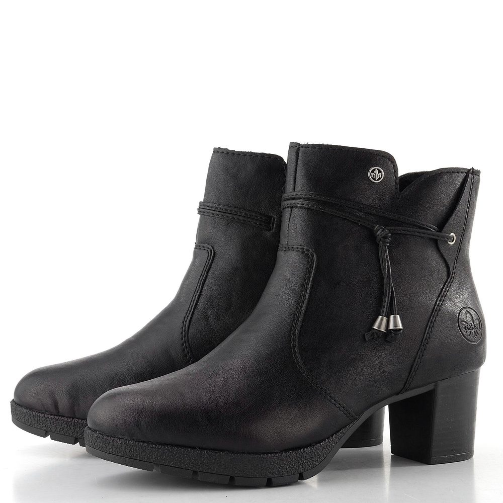 Rieker elegantná členková obuv na podpätku čierna 77667-00