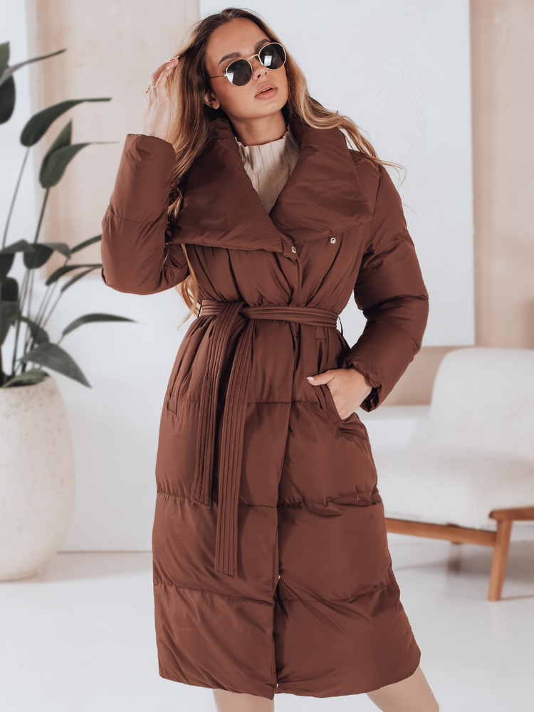 BASIC Hnedý dlhý dámsky prešívaný kabát s pásikom FAVI TY4962