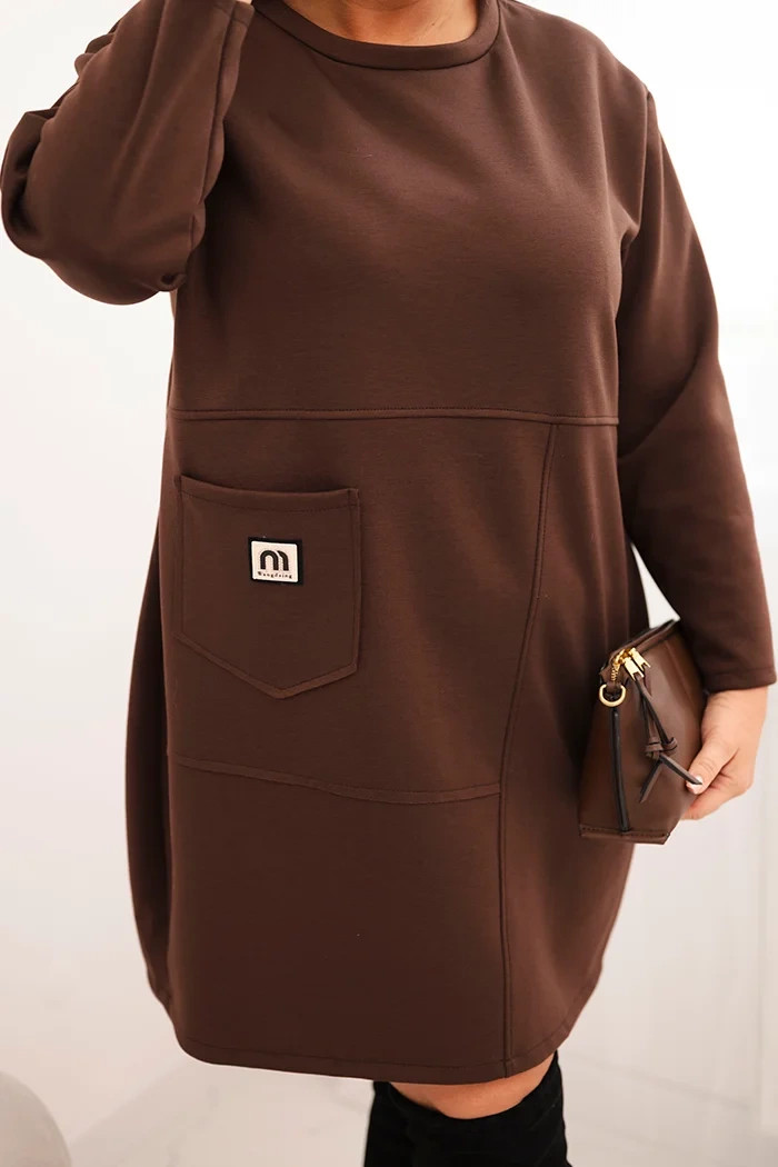 K-Fashion Dámske Plus veľkosť maslové šaty s vreckom a 3/4 rukávmi hnedé