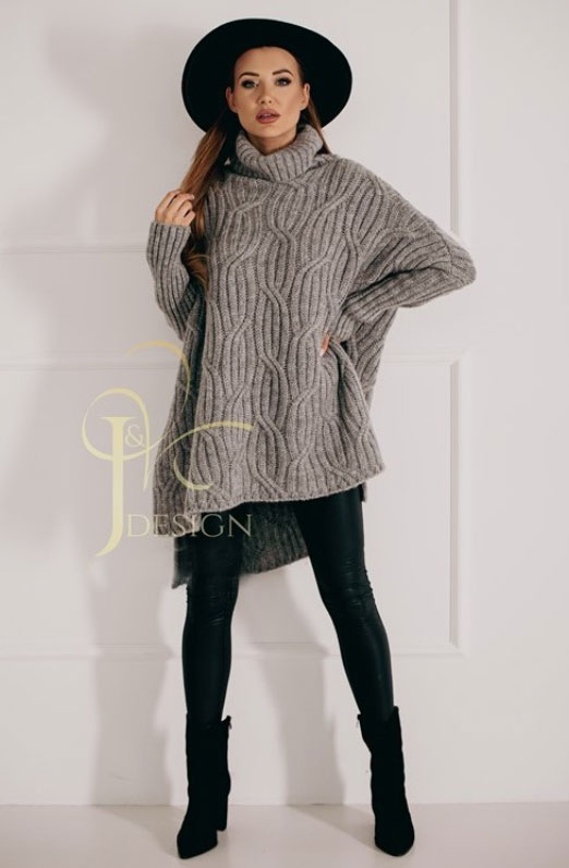 Fashionweek Luxusné pončo sveter, vlnený pletený kabát s teplým rolákom RITA