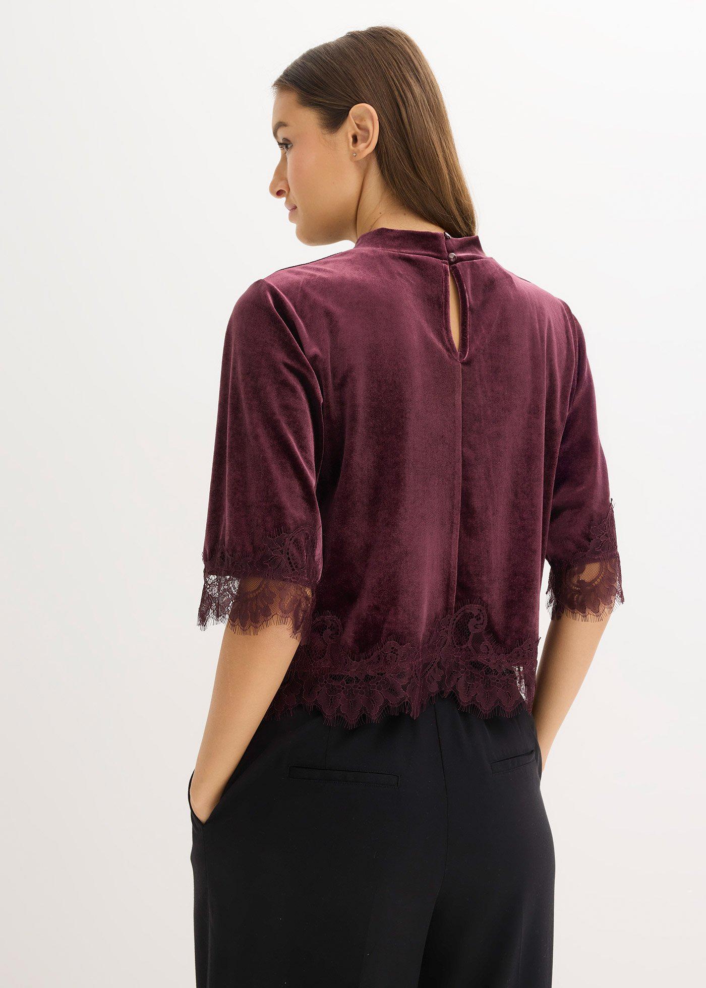 bonprix Zamatové tričko s čipkou, farba hnedá