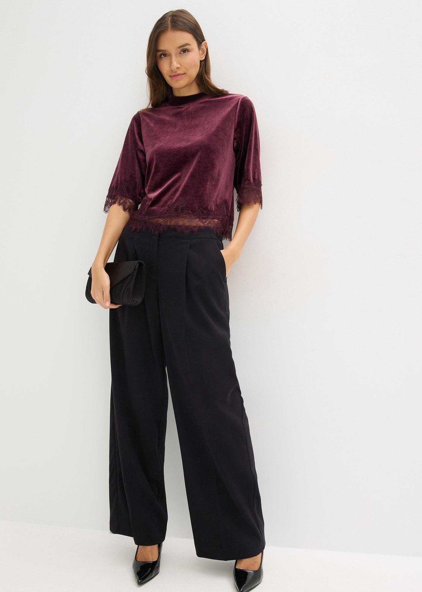 bonprix Zamatové tričko s čipkou, farba hnedá