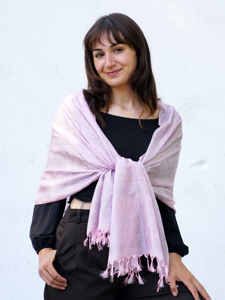 Pranita Hodvábny šál z Váránasí svetloružovo-svetlošedý