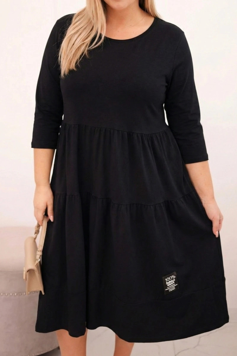K-Fashion Dámske bavlnené plus veľkosť šaty s volánikmi a volánovými rukávmi čierne