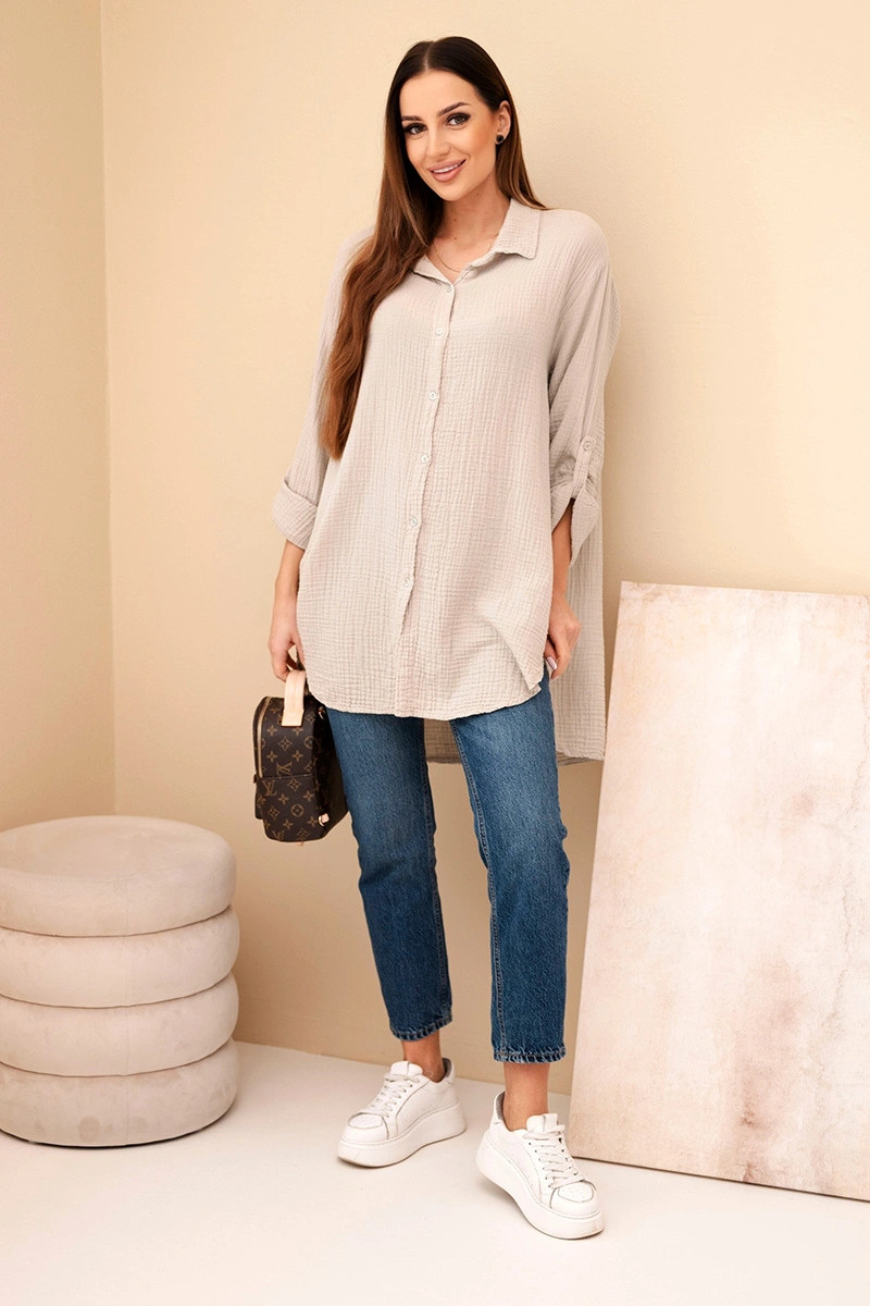 K-Fashion Bavlnená mušelínová košeľa nadrozmernej veľkosti tmavo béžová