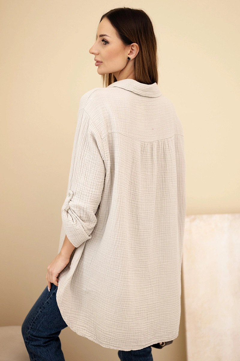 K-Fashion Bavlnená mušelínová košeľa nadrozmernej veľkosti tmavo béžová