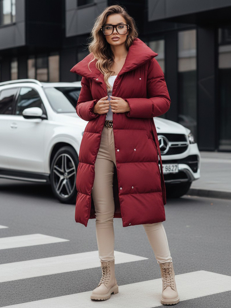 Dámsky dlhý prešívaný kabát FAVI bordová FashionStreet TY4961