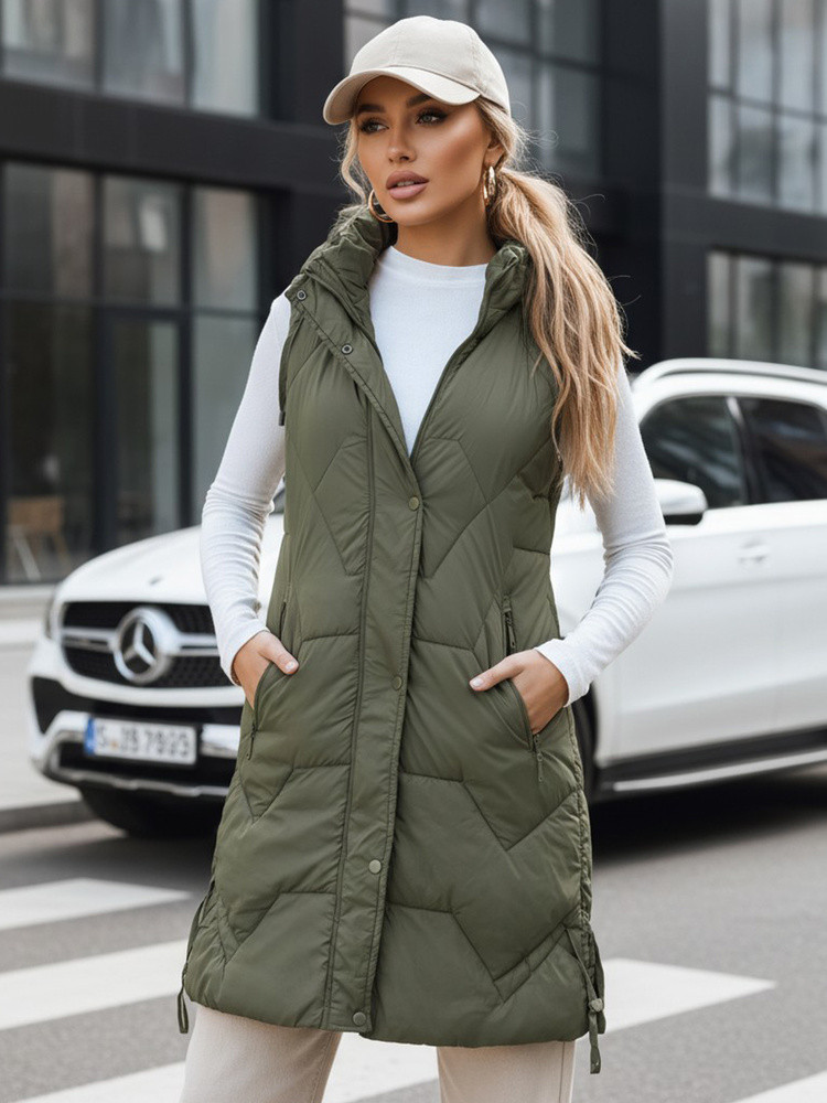 Dámska dlhá prešívaná zelená vesta FashionStreet TY5264