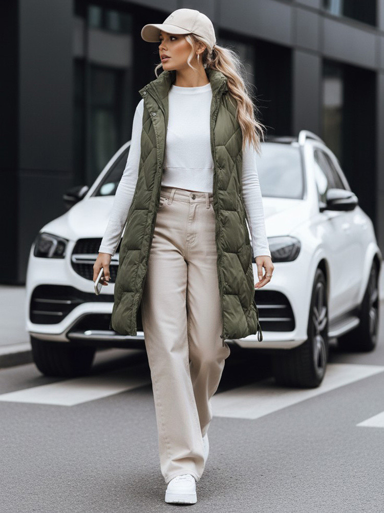 Dámska dlhá prešívaná zelená vesta FashionStreet TY5264