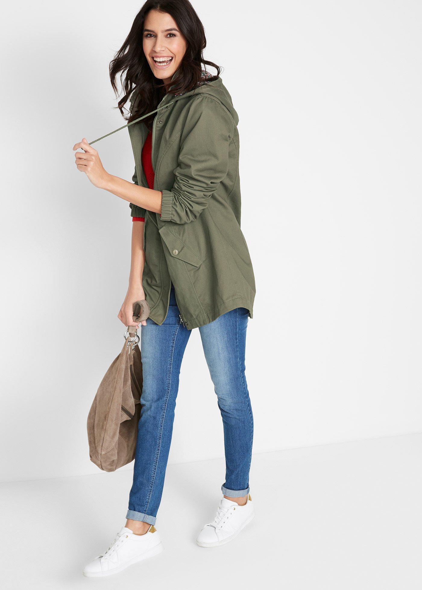 bonprix Prechodná bavlnená bunda s potlačenou kapucňou, farba zelená