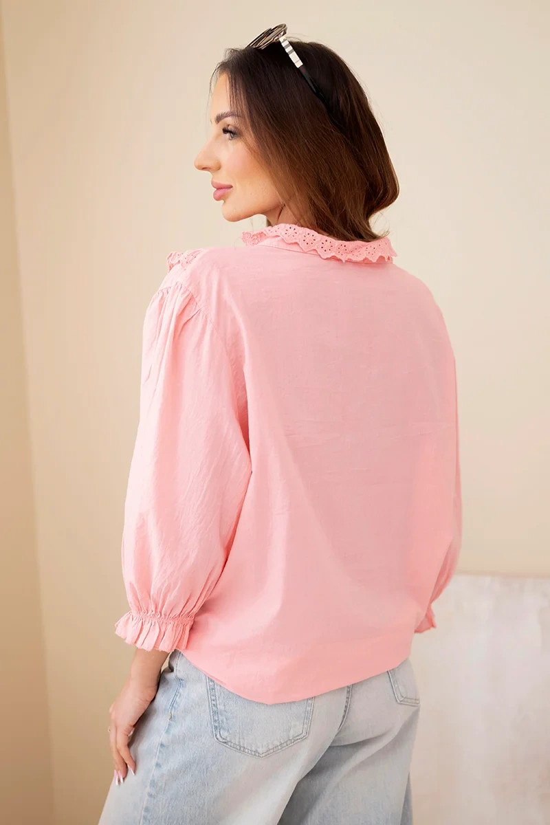 K-Fashion Dámske bavlnené tričko s čipkou a kravatami marhuľová