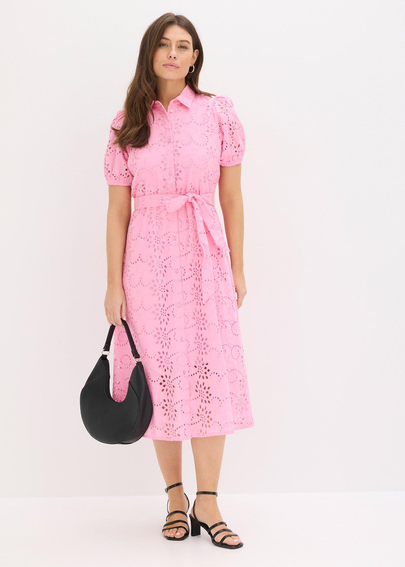 bonprix Košeľové šaty s dierkovanou výšivkou, z čistej bavlny, farba ružová