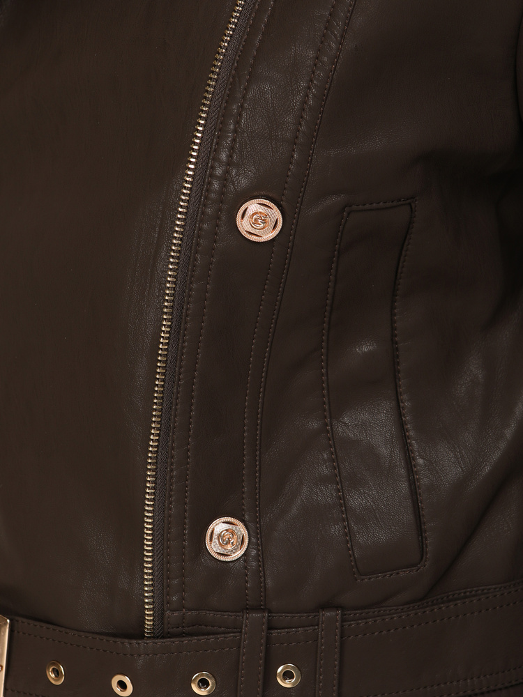BASIC Dámska hnedá koženková bunda typu krivák so zipsami