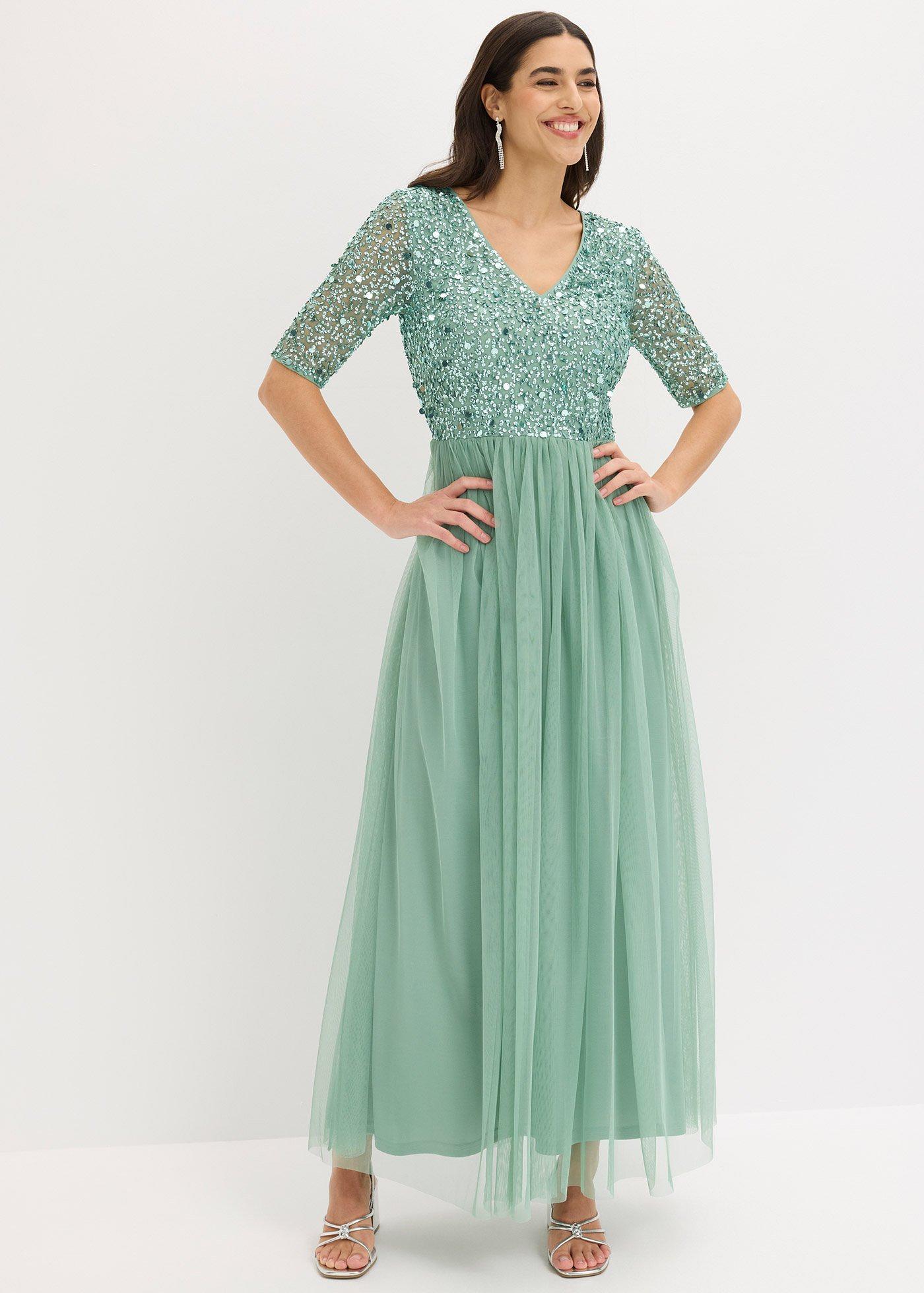 bonprix Večerné šaty z jemného tylu s flitrovanou výšivkou, farba zelená