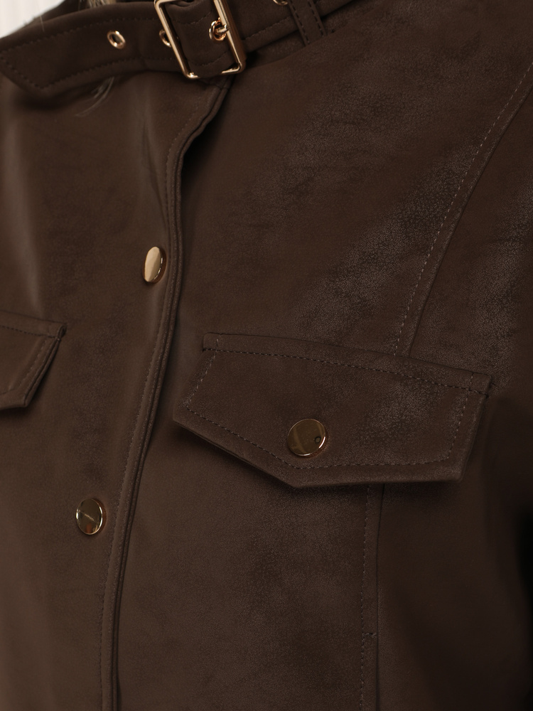 BASIC Dámska bunda z eko kože na gombíky hnedá