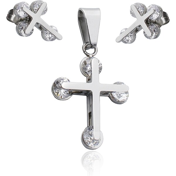 BM Jewellery Dámsky set prívesok a náušnice krížik z chirurgickej 10400212