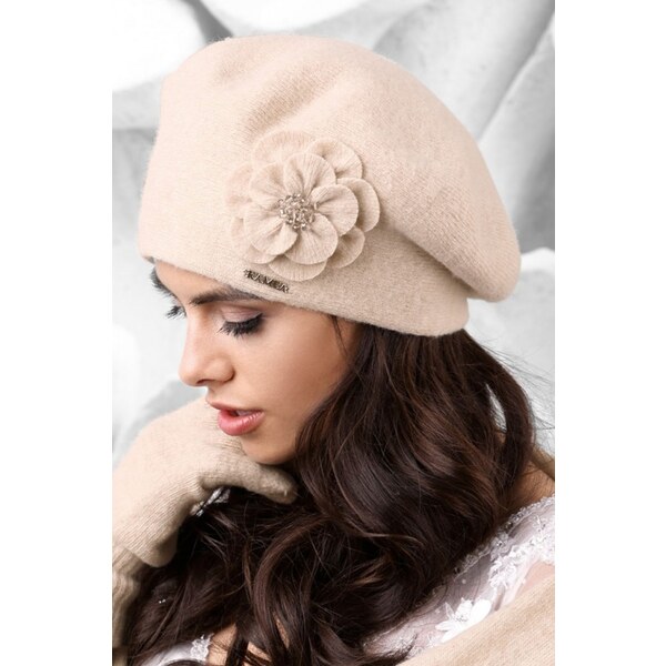 Kamea Béžová luxusná elegantná dámska baretka na zimu s kvetom Vicenza 27604760