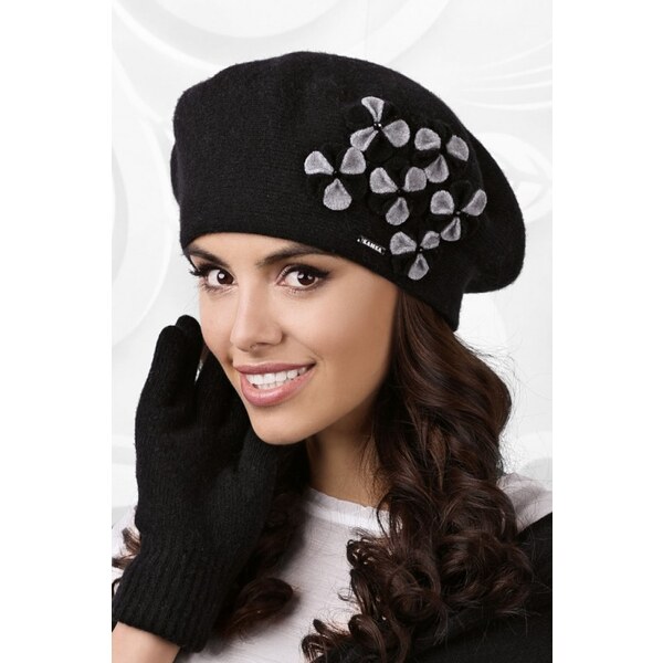 Kamea Čierna luxusná elegantná dámska zimná baretka s kvietkami 15123458