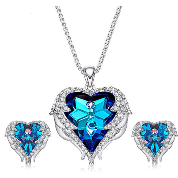 Glory Krištáľový set náhrdelník a náušnice Angel wings modrý 138 8676943