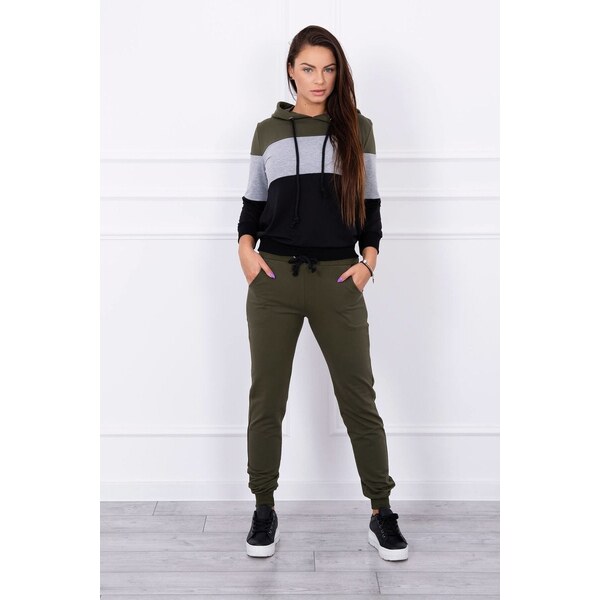 MladaModa Tepláková súprava s mikinou s farebnými pruhmi khaki+šedá 9827903